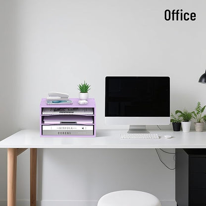 Wood Desk Organizer, 3 Tier Paper Tray Organizer for Desk with Adjustable Storage Shelves, Desktop File Organization Paper Sorter Mail Holder for Office Home Classroom, Purple