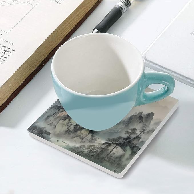 4PCS Forest Drink Coasters, Square Modern Ceramic Absorbent Coasters, Watercolor Japan China Style Nature Mountain Woodland Green Forest Decor Desk Coffee Table Coaster for Beverage Cup Tea Coasters