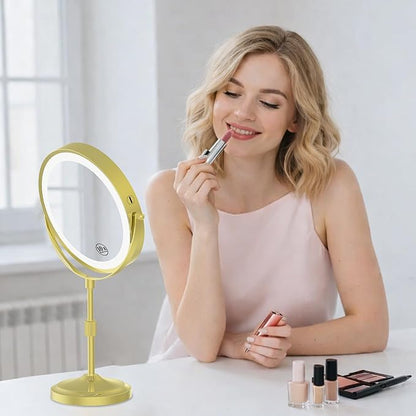 9" Lighted Makeup Mirror with 1X 10x Magnification, 5000mAh Rechargeable Magnifying Vanity mirror with lights, 3 Lighting Color, Dimmable and Height Adjustable Cordless Cosmetic Mirror (10X Gold)