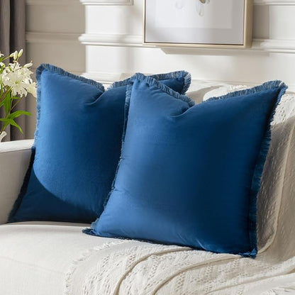 FUTEI Navy Blue Velvet Decorative Throw Pillow Covers 18x18 Set of 2,Soft Cozy Edge with Tassels Cushion Case,Boho Modern Home Decor for Couch Bed Living Room