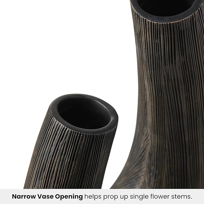 Torre & Tagus Black U Shaped Vase for Flowers - 12 Inch Tall Textured Vases for Centerpieces with 2 Openings, Sculptures Home Decor & Abstract Sculptures Home Decor for Shelf Decor Aesthetic (Alma)