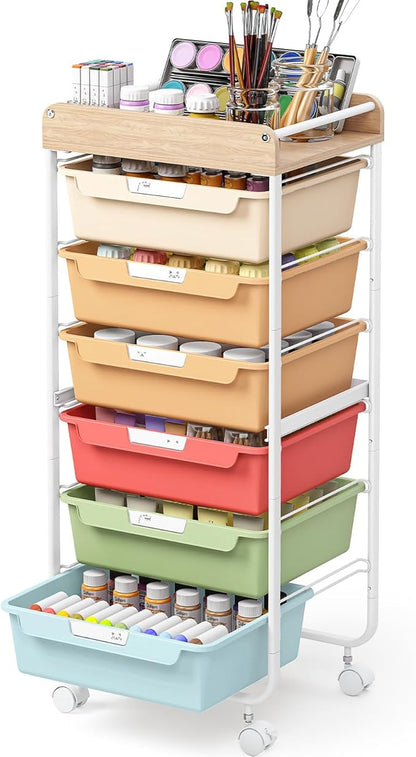 Rolling Storage Utility Cart with 6 Drawers,Art Supply Craft Organizer,Sewing Makeup Organizer and Storage,Office Organization Wooden Tabletop,Rainbow