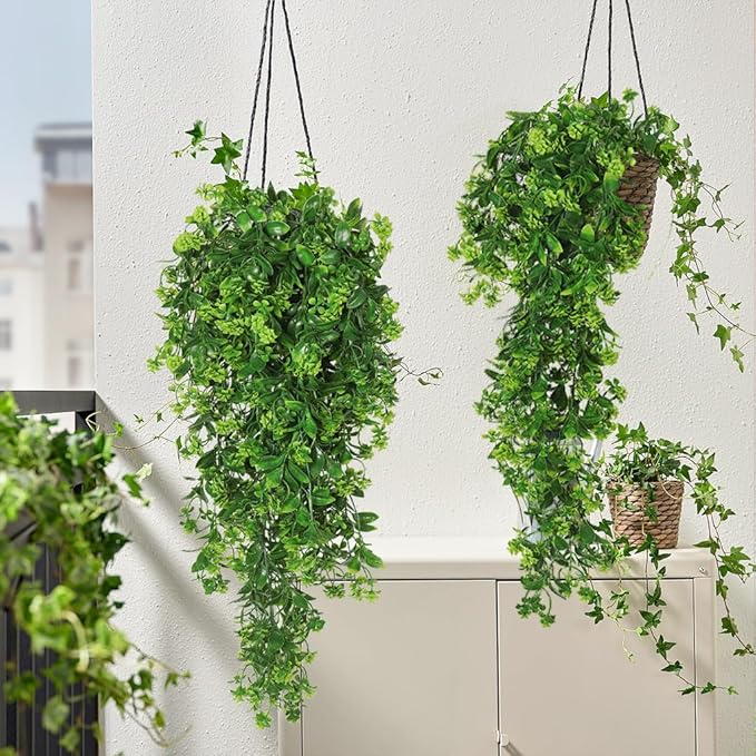 RECUTMS Fake Hanging Plants 2Pcs Outdoor Greenery Artificial Hanging Flower for Outdoors Hanging Basket Artificial Hanging Plants Plastic Home Garden Wedding Party Shelf Aesthetic Decorations(Green)