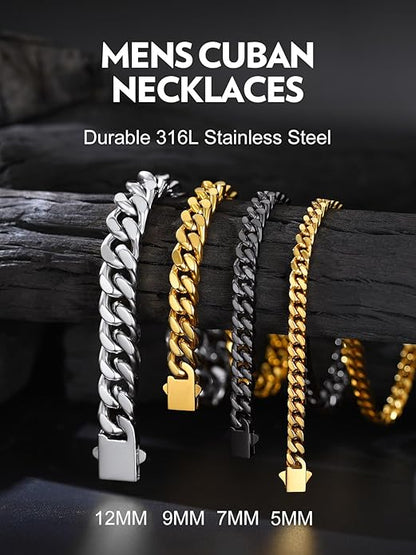 Bandmax Mens Stainless Steel Chain Necklaces 5/7/9/12MM Chunky Miami Cuban Link Chain Necklace Bracelet Silver/Gold Plated/Black Chains for Men 18"-30"