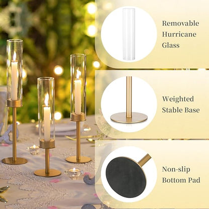 Hewory Gold Candle Holders, 3Pcs Brass Candle Stick Candelabra with Glass Candle Cover for Wedding Table Centerpiece Christmas Decor