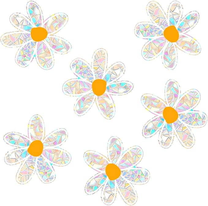 6 PCS Daisy Sun Catcher Sticker Prevent Birds Strikes, Static Cling Rainbow Window Film, Flower Window Clings for Glass Decal Non Adhesive, Reusable Window Stickers