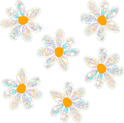 6 PCS Daisy Sun Catcher Sticker Prevent Birds Strikes, Static Cling Rainbow Window Film, Flower Window Clings for Glass Decal Non Adhesive, Reusable Window Stickers