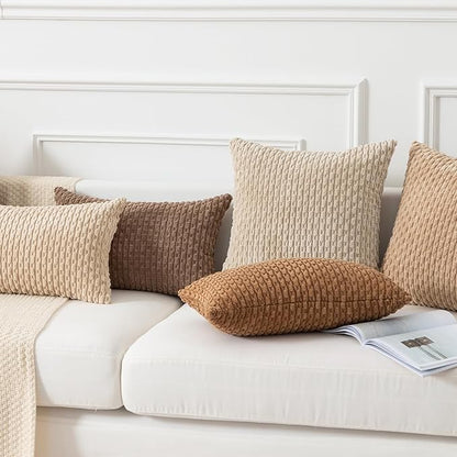 Kevin Textile 16x24 Inch Pillow Cover 1 Pack Boho Decorative Soft Striped Corduroy Lumbar Farmhouse Solid Color Accent Rectangle Cushion Case for Living Room Couch Sofa Bed, Beige