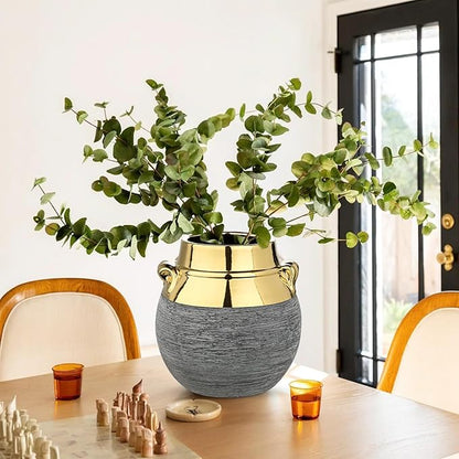 Rustic Ceramic Vase with Gold Rim and Ears – 9" Decorative Flower Vases for Living Room, Dining Table Centerpiece & Shelf Décor – Modern Farmhouse, Boho & Contemporary Home Accents