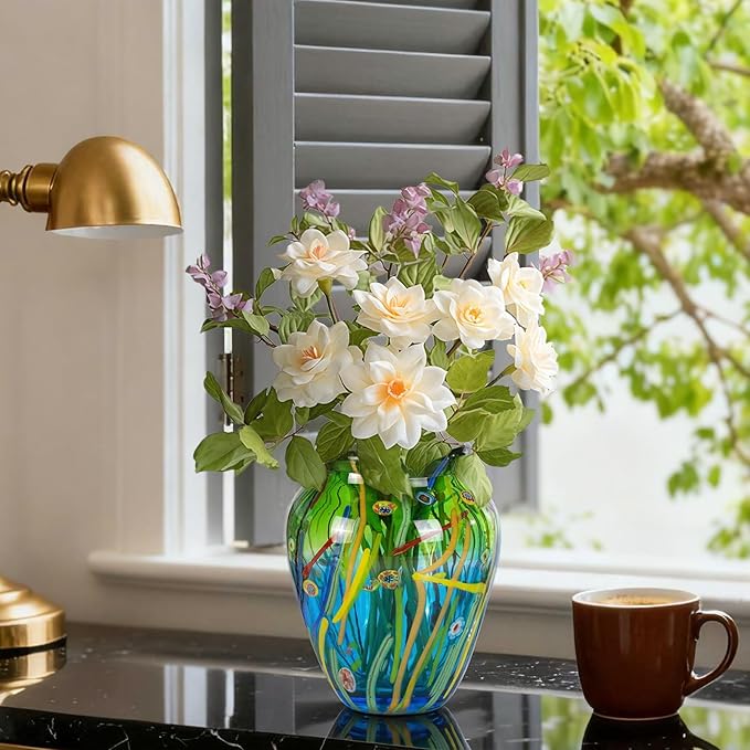 Glass Vases for Flower, Unique Hand Blown Green Glass Vase, Modern Art Decorative for Home Living Room, Office, Table centerpieces, Bookshelves and Wedding Decorations (JG31)