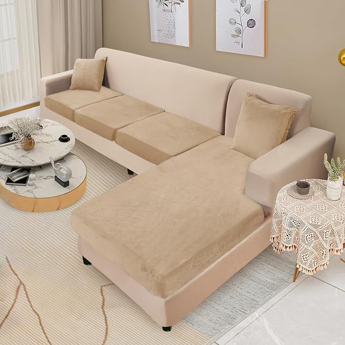 NAISI Sectional Couch Cover 4 Pieces Velvet Separate Couch Cushion Covers L Shape Soft Stretch Sofa Slipcovers with 2pcs Pillowcases for Left/Right Chaise Sectional Sofa(3 Seater+1 Chaise,Camel)