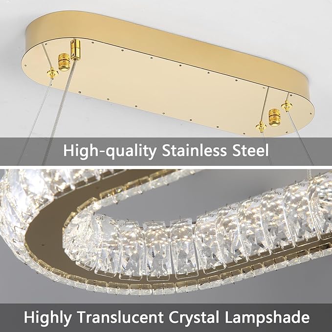 LED Ring Chandelier Oval Rings Pendant Lights for Dining Table Kitchen Island Remote Dimmable Hanging Light Chandeliers for Entryway Living Room Crystal Lighting Gold