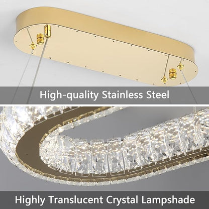 LED Ring Chandelier Oval Rings Pendant Lights for Dining Table Kitchen Island Remote Dimmable Hanging Light Chandeliers for Entryway Living Room Crystal Lighting Gold