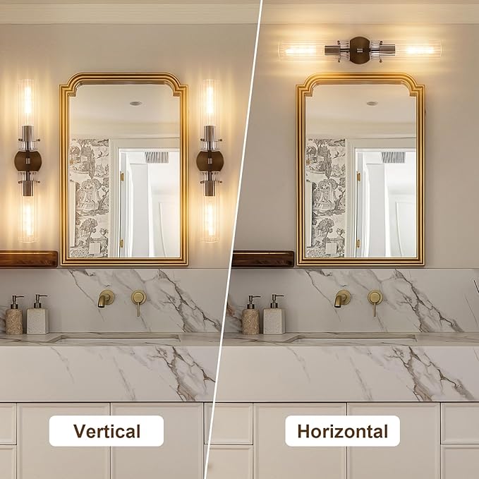 Brass Bronze 2-Light Knurled Wall Sconce, Dual-Head Vanity Lamp Set of Two with Vertical Striped Glass Tube, Bathroom Wall Sconces, Wall Lights for Living Room Bedroom Hallway Kitchen Bathroom Mirror