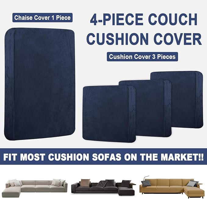 Sectional Couch Covers for 4-Piece Seat Cushion Velvet Separate L Shape Couch Cover Stretch Sofa Slipcover with 2 Pieces Pillowcases Furniture Protector (Sofa 3 Seater + 1 Chaise, Navy)