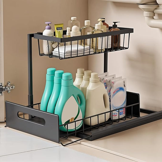 Under Sink Organizer Pull Out Kitchen Sink Organizer, 2 Tier L-Shape Bathroom Organizers and Storage with Sliding Drawer for Kitchen Bathroom Pantry (Black, 1 Pack)