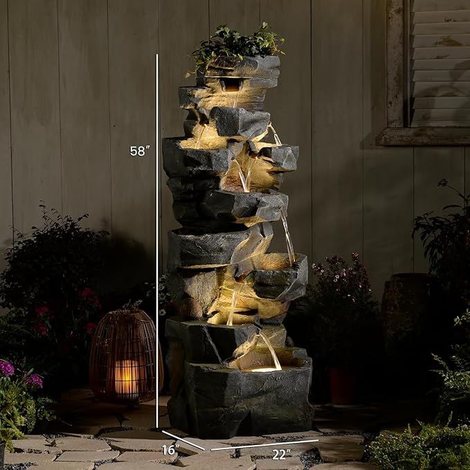 58" H Outdoor Water Fountain with 7 Tiers Large Cascading Realistic Rock Waterfall Fountains with LED Lights Outdoor Water Fountain for Garden Patio Backyard Porch Home Decor