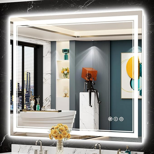 48x40 LED Bathroom Mirror with Lights, Backlit and Front Lit, Anti-Fog Lighted Vanity Mirrors for Bathroom Wall, Dimmable, 3-Color Light, Memory, Shatter-Proof, HD Tempered Glass, CRI＞90