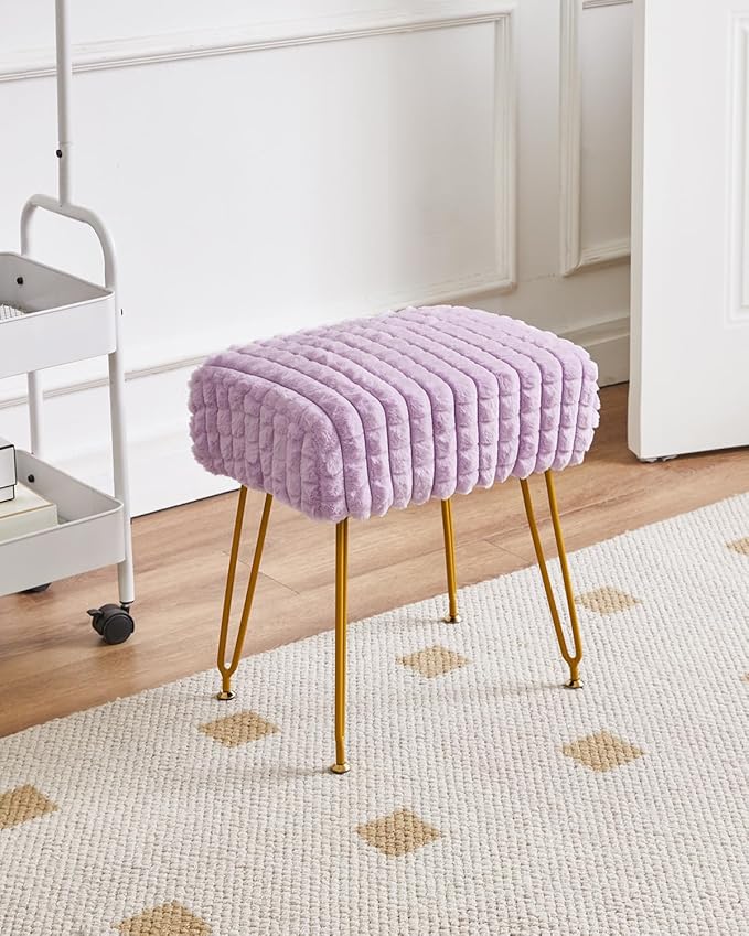 IBUYKE Rectangular Footrest Stool Ottoman, Makeup Vanity Stool Side Table, Velvet Dressing Table Seat, Footstool Chair, Golden Steel Legs, for Makeup Room, Bedroom, Square grid pattern, Purple WBD003V