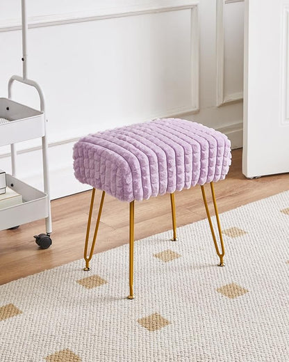 IBUYKE Rectangular Footrest Stool Ottoman, Makeup Vanity Stool Side Table, Velvet Dressing Table Seat, Footstool Chair, Golden Steel Legs, for Makeup Room, Bedroom, Square grid pattern, Purple WBD003V