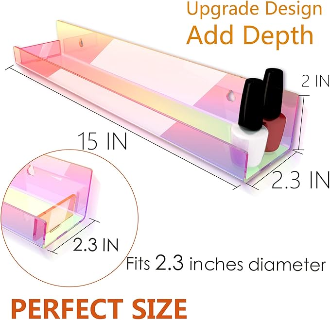 8 Pack 15 Inch Iridescent Acrylic Shelves, Clear Rainbow Kids Floating Bookshelf for Kids Room, Modern Sunglasses Essential Oil Picture Ledge Display Toy Storage Wall Shelf