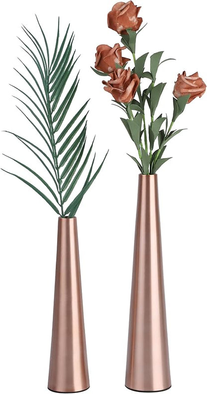 Vixdonos 10.5/8.5 inch Gold Metal Vase Small Dried Flower Vase Set of 2 Taper Vase for Wedding Table Centerpiece Decorations, Home Decor (Rose Gold)