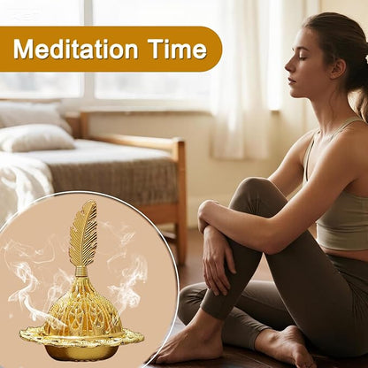 Majewel 3 in 1 Incense Holder, Vintage Incense Holders for Sticks with 9 Holes, Incense Burner Ash Catcher, Brass Incense Stick and Cone Burner for Meditation, Yoga, Home Decor (Feather)
