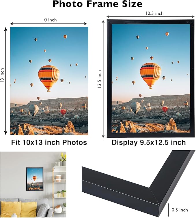 10x13 Black Picture Frame Set of 2, Horizontal and Vertical Formats for Wall Hanging, 10 x 13 Wall Gallery Poster Photo Frames with Shatter Resistant Plexiglass, 2 Pack, Black