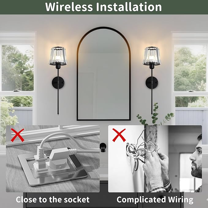 Battery Operated Crystal Wall Sconce Set of 2, Matte Black Wireless Wall Light with Remote Control, LED Dimmable 15 Colors USB Rechargeable Light Bulbs Wall Lamp for Bedroom Living Room Hallway