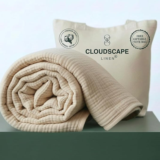 Luxury 100% Cotton Muslin Blanket Queen Size, 4 Layer Oversized 90x90 Fits Upto Full Size Bed, Layering Winter Blankets for Bed, Soft Cotton Gauze Quilt, All Season Fog Bedding