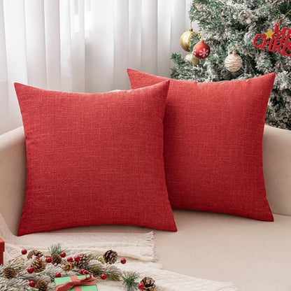 MIULEE Pack of 2 Decorative Linen Burlap Pillow Covers Farmhouse Accent Pillowcases for Sofa Car Couch Bedroom Living Room Decor 20x20 Inch Christmas Red