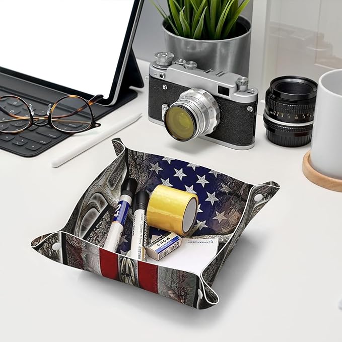 Valet Tray for Men Husband Boyfriend – Catchall Bedside Vanity Tray, Nightstand Caddy Leather Holder for Keys, Phone, Wallet, Coins, Trinkets & Jewelry Deer Skull Camo American Flag 022