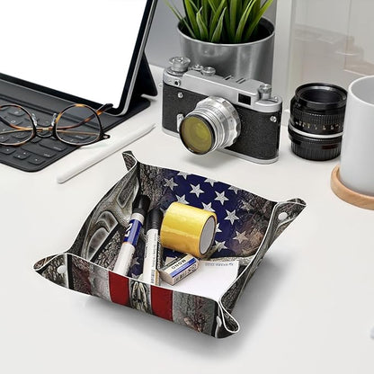 Valet Tray Gifts for Men Husband Boyfriend Boys – Catchall Bedside Vanity Tray, Nightstand Caddy Leather Holder for Keys, Wallet, Coins, Trinkets & Jewelry Deer Skull Camo American Flag 022