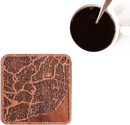Lisbon Map Coaster by O3 Design Studio, Set Of 4, Sapele Wooden Coaster With City Map, Handmade