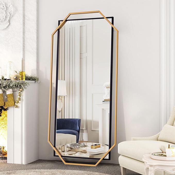 60"x30.5" Black and Gold Large Mirror for Bedroom Wall, Extra Bathroom Rectangular Mirror with Decorative Metal Octagonal Frame, for Entryway,Living Room, Dining Room