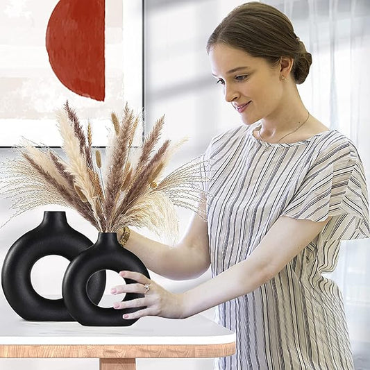 Ceramic Vases Set of 2, Modern Black Round Vase Rustic Home Decor, Donut Ceramic Design Apply to Living Room Kitchen Mantle Bedroom Dining Table Office Black Decor