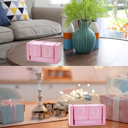AUEAR, Wooden Block Perpetual Desk Calendar Desktop Cube Rustic Chic Number for Home Office Decoration (Pink, 1 Pack)