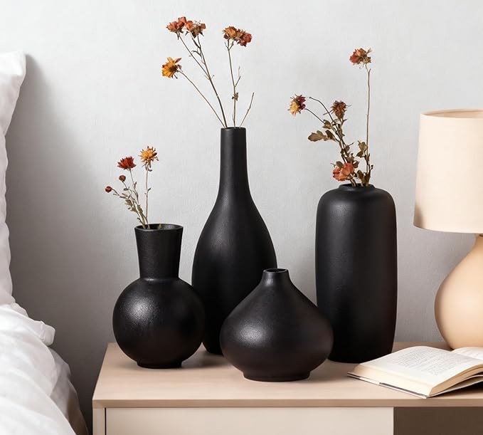 Black Ceramic Flower Vase Set of 4, Modern Farmhouse Decorative Vases for Bookshelf,Dining Room Coffee Console Table Centerpieces
