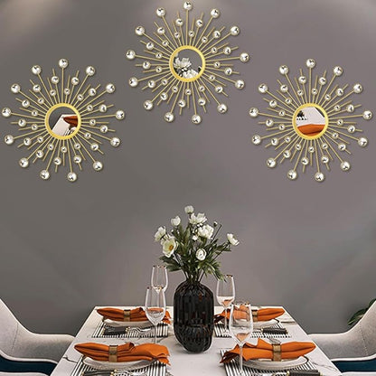 Uaussi 3 Pack Crystal Sunburst Wall Mirror Décor Rhinestone Mirrors Decorative Home Wall Art for Living Room Bedroom Entryway(Crystals Gold)