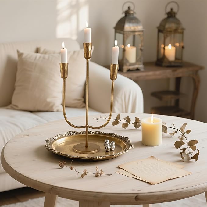 Cast Iron Candelabra for 3 Candles, Brass Candlestick Holder Vintage Taper Candle Holder Tall Antique Gold Candle Stand Table Centerpiece Mantlepiece Decor for Wedding Housewarming Christmas