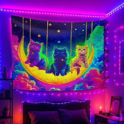 seewan Black Light Psychedelic Cat Tapestry, Glow-in-the-Dark UV Neon Multicolor Cat Tapestry, Psychedelic Multicolor Animal Art Tapestry, Bedroom Dorm Living Room Background Decor