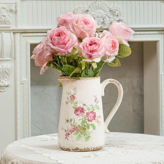 Retro Rustic Large Ceramic Vase with Handle, Distressed Farmhouse Pitcher for Home, Ideal Shelf Decor, Red Rose Floral Vase for Living Room Bedroom Office Table Centerpiece Decorations 9 Inch