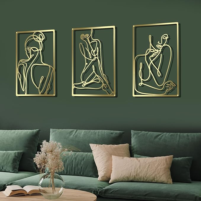 CHENGU 3 Pieces Gold Wall Decor Minimalist Wall Art Metal Line Wall Art Wall Decor for Bedroom Single Line Female for Kitchen Bathroom Living Room(Bright Style)