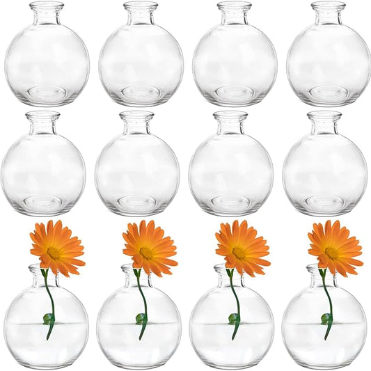 SOUJOY Set of 12 Small Glass Ball Bud Vase, Unique Mini Low Sitting Flower Vase, Clear Floral Centerpieces for Home Decor, Weddings, Floral Arrangements, Events, Parties