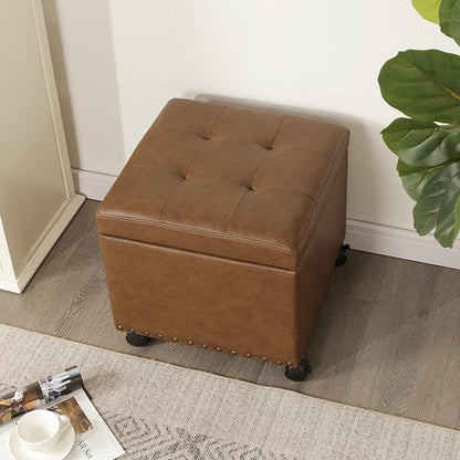 Adeco 16.7" H Vintage Golden Brown Leather Storage Ottoman with 360 Caster Wheels, Square Foot Stool with Decorative Bronze Thumb Tacks & 330 LB Load Capacity