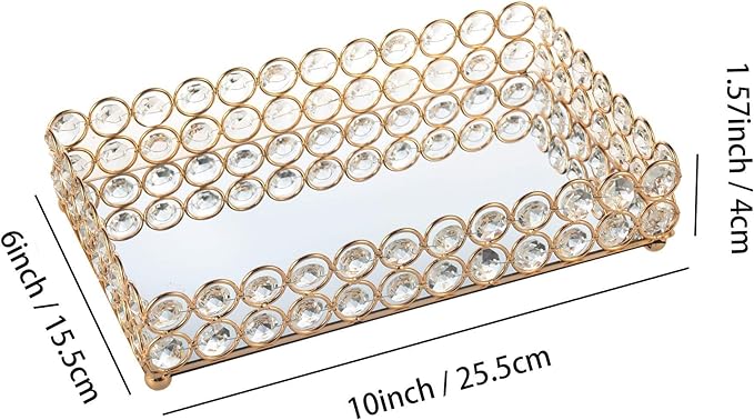 Feyarl 10 Inch Crystal Cosmetic Perfume Tray Vanity Makeup Jewelry Trinket Organizer Mirrored Decorative Tray Storage Home Deco Wedding Dresser Birthday Gift (Gold)