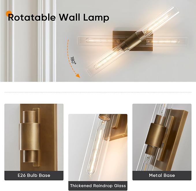 24.8" L Minimalist Style Wall Sconces Set of 2, Brass Wall Lights Fixtures Morden Cylinder Wall Light for Bathroom Vanity Light Indoor Wall Mounted Lamps for Living Room,Bedroom,Hallway