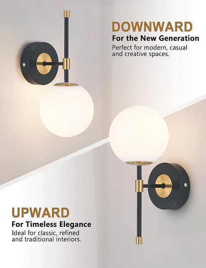 Battery Operated Globe Wall Sconces Set of 2, Black & Gold Wireless Wall Lights with Remote Control, Rechargeable 3 Color Stepless Dimming Modern Wall Decor Lamp for Bedroom Living Room Hallway