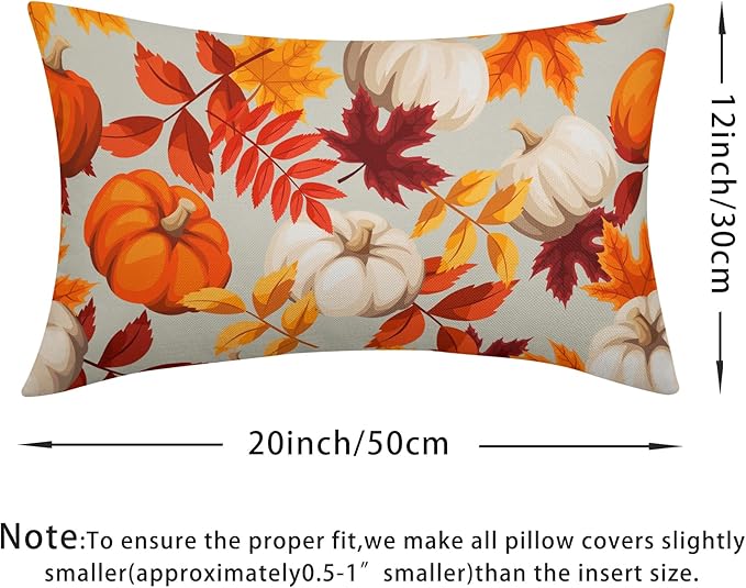 Pumpkin Fall Lumbar Pillow Covers 12x20 Set of 2 Orange Beige Autumn Thanksgiving Pillow Cases Maple Leaf Outdoor Decorative Holiday Cushion Cover Rustic Decoration Farmhouse Home Sofa Couch Bed Decor