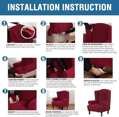 H.VERSAILTEX Wing Chair Slipcover Chair Covers for Wingback Chairs Wingback Chair Covers Slipcovers 1 Piece Stretch Sofa Cover Furniture Protector Soft Spandex Jacquard Checked Pattern, Burgundy Red